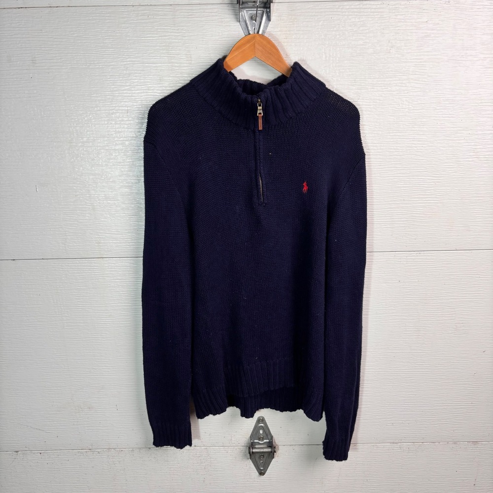 Polo Ralph Lauren Navy Quarter Zip Cotton Sweater Red Pony Large